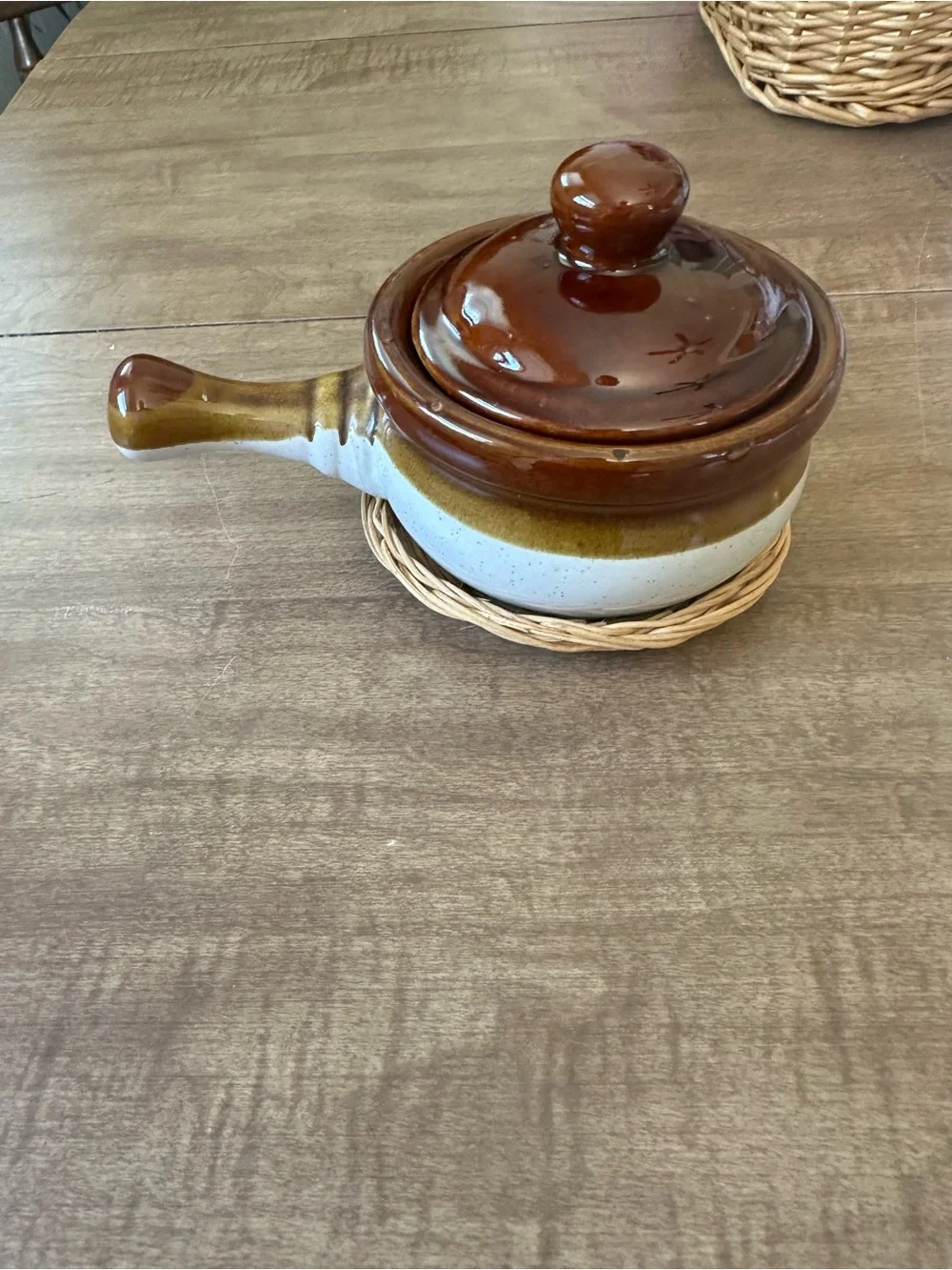 Glazed Brown Ceramic Skillet Pan with Handle - Home Kitchen Cookware